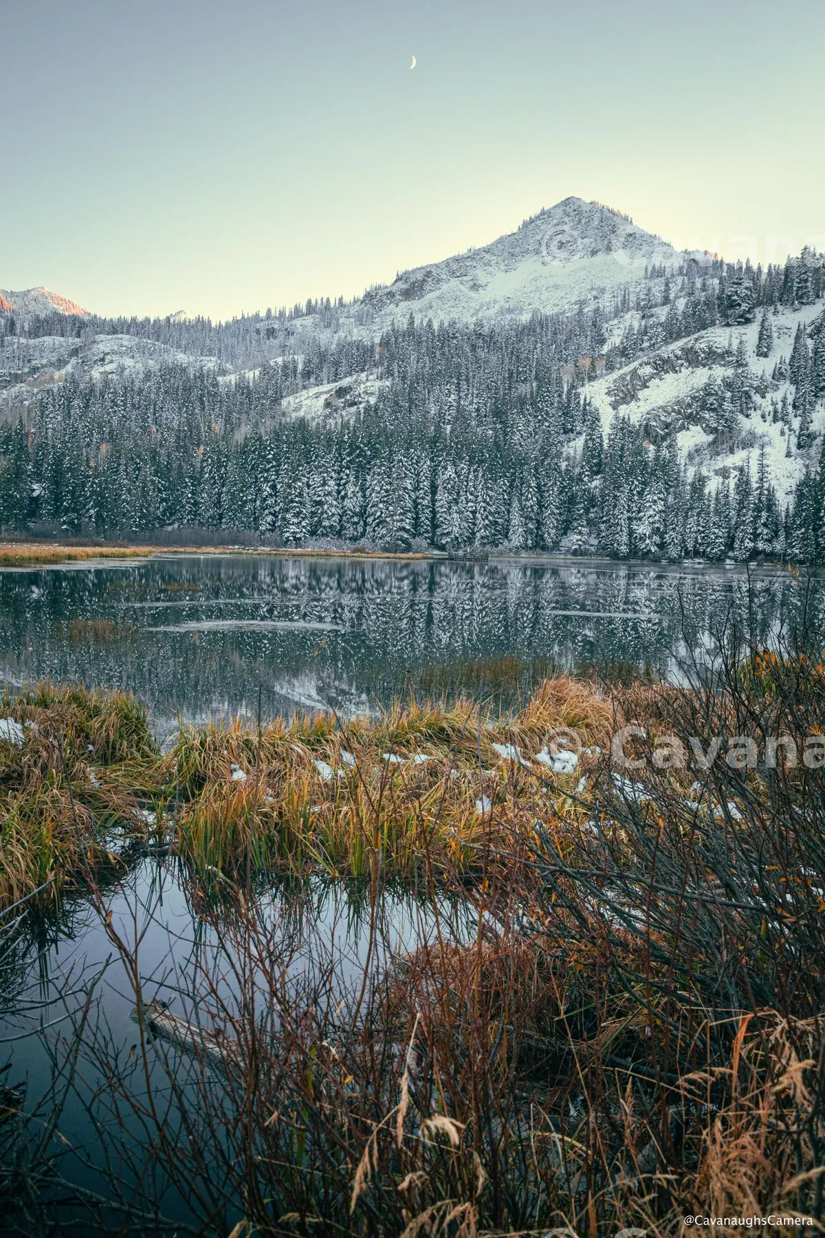 Snowy mountain peak reflected in a calm lake with frost-covered grass and a crescent moon overhead