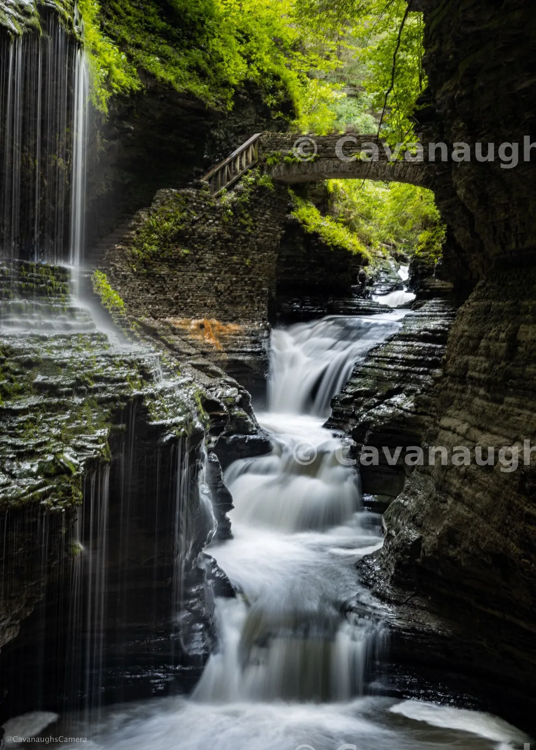 Waterfall cascading through a mossy gorge beneath a stone footbridge at Watkins Glen